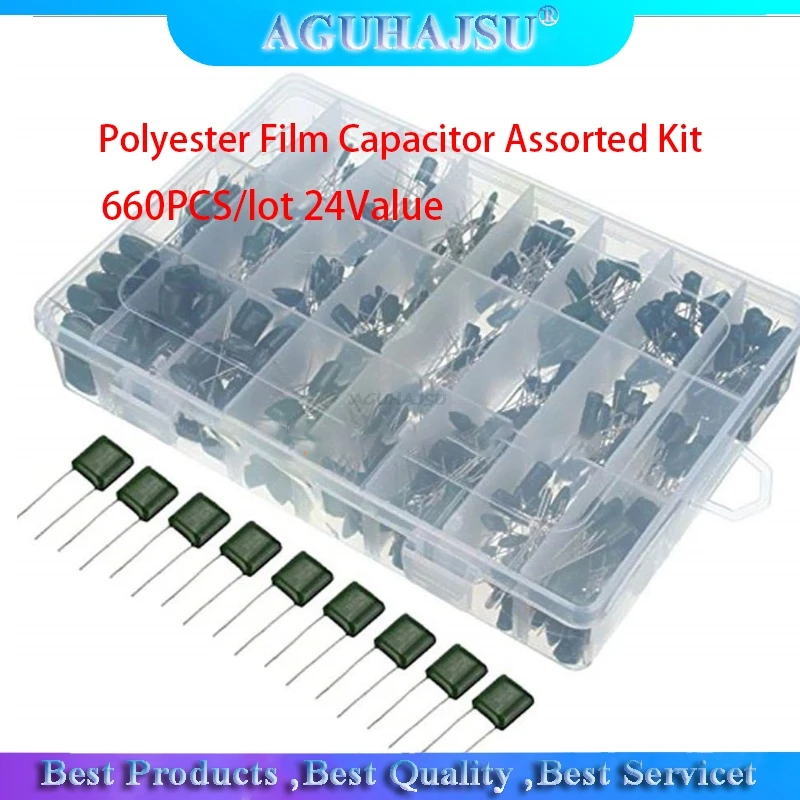 

660PCS/lot 24Value Capacitor kit 100V 2A221J to 2A474J Polyester Film Capacitor Assorted Kit 0.47nF 0.68nF 1nF 2.2nF Capacitors