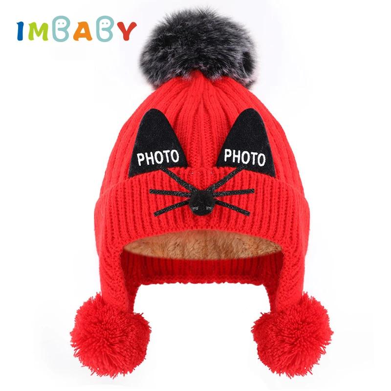 IMBABY/Новая детская зимняя шапка, детская бархатная вязаная шапка для мальчиков и девочек, хлопковая шапка с милыми кошачьими ушками, уличная теплая детская шапка