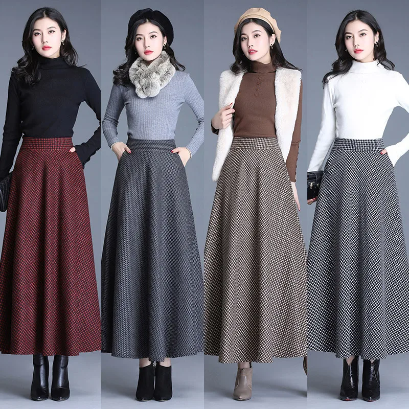 

2019 New Style Woolen Plaid Skirt Women's Autumn And Winter Mid-length Skirt A- line Skirt Long Skirts