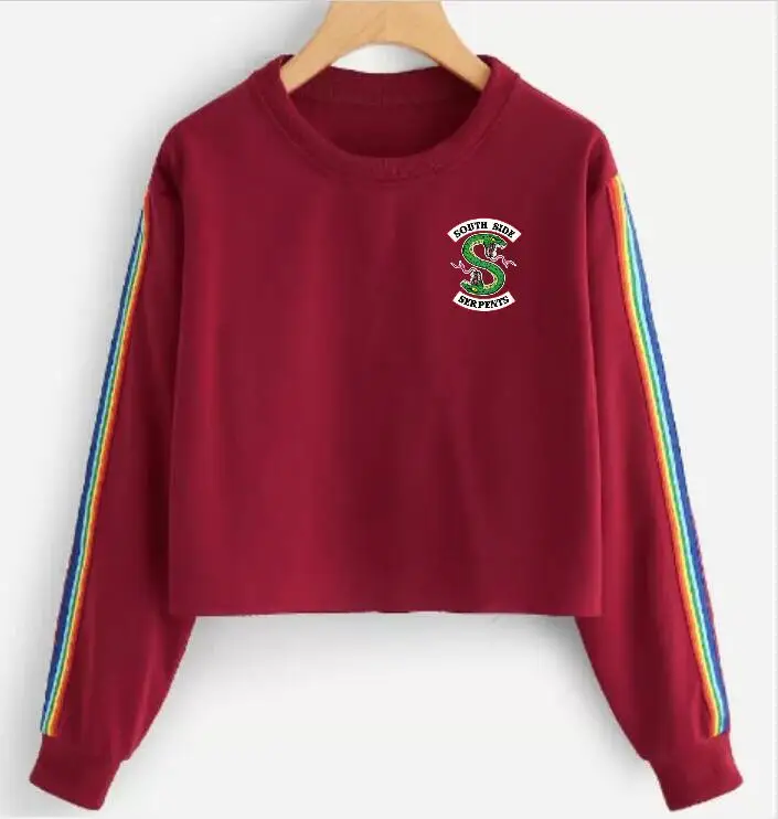Южная змея женская короткая ривердейл футболка с длинными рукавами хлопок печать студенты Харадзюку большой размер шаблон полосатая футболка - Цвет: Бургундия