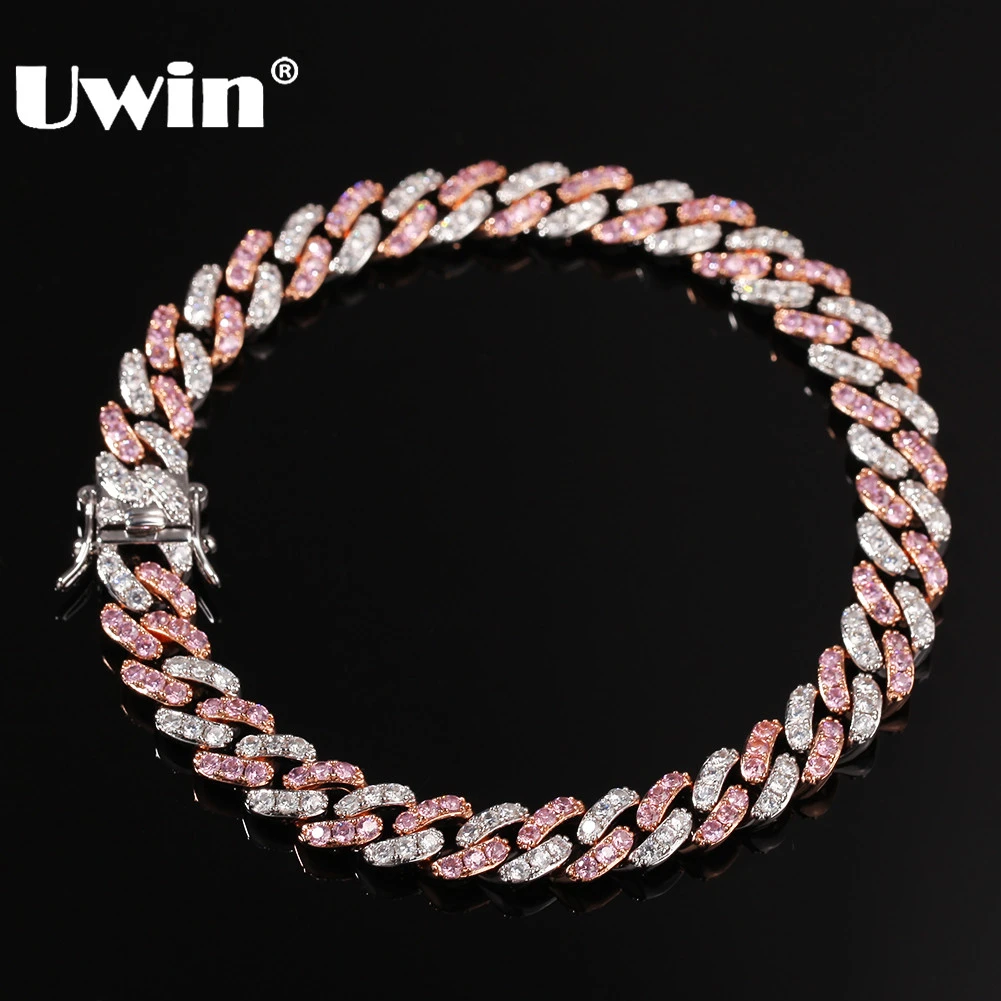 UWIN мужской женский браслет 9 мм Iced Out серебро/розовое золото кубинское звено с белым и розовый кубический циркониевый браслет ювелирные изделия