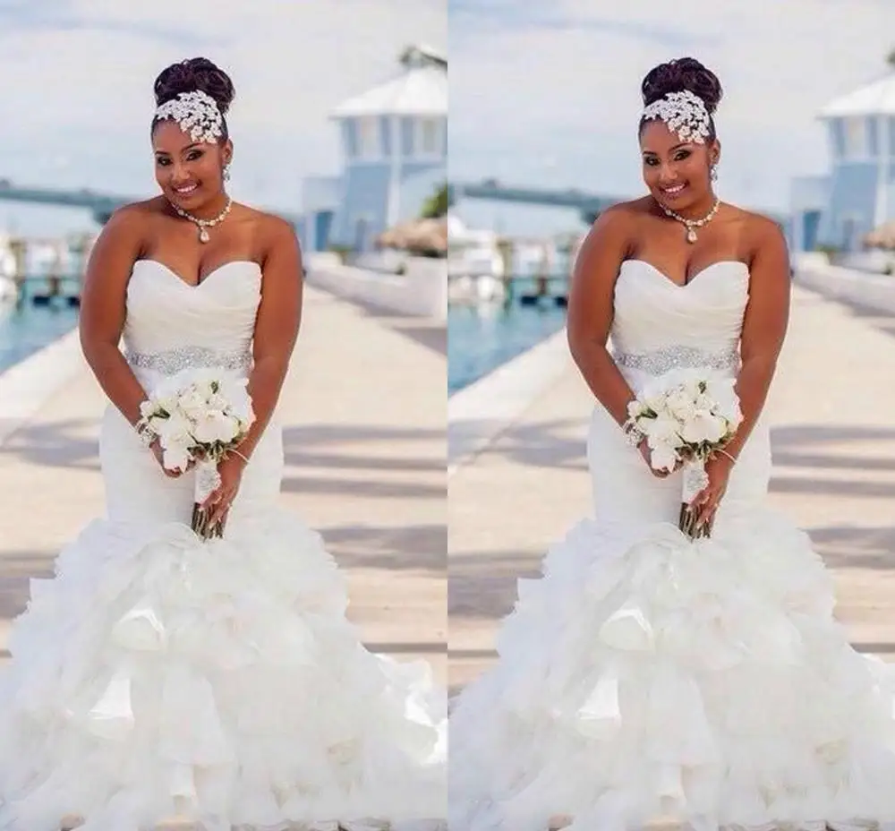 Best Price Gorgeous Ruffle Organza Zeemeermin Plus Size Trouwjurken Afrika Tiers Kralen Sash afrikaanse Land Bruidsjurk Trein Bruid Jurk