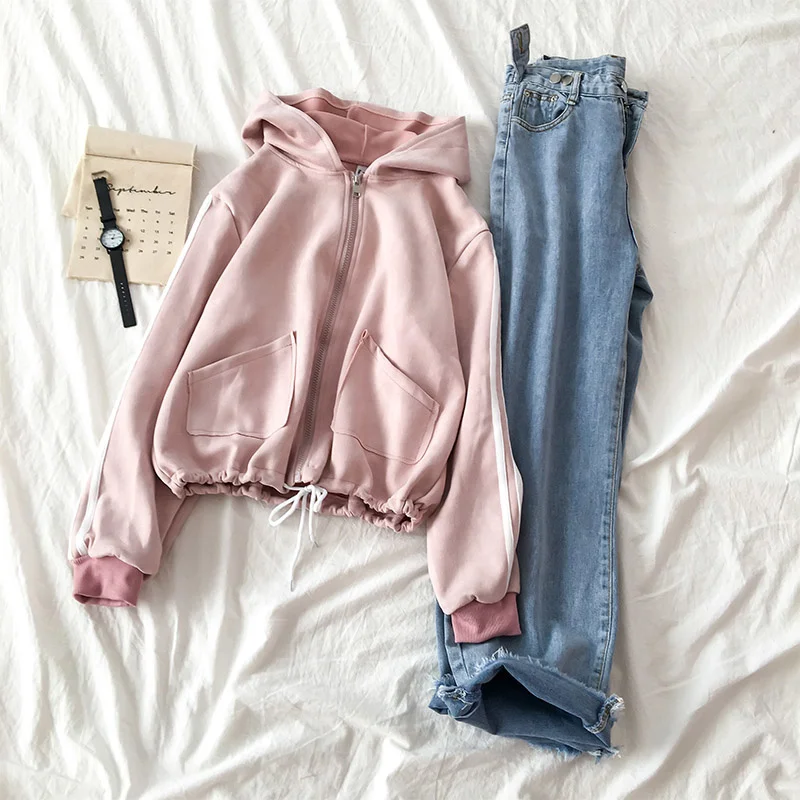 2021 Autumn Spring New Hooded Pink Sweatshirt Female Hong Kong Style Wide-Leg Jeans Trendy Two-Piece SuitRachel | Женская одежда