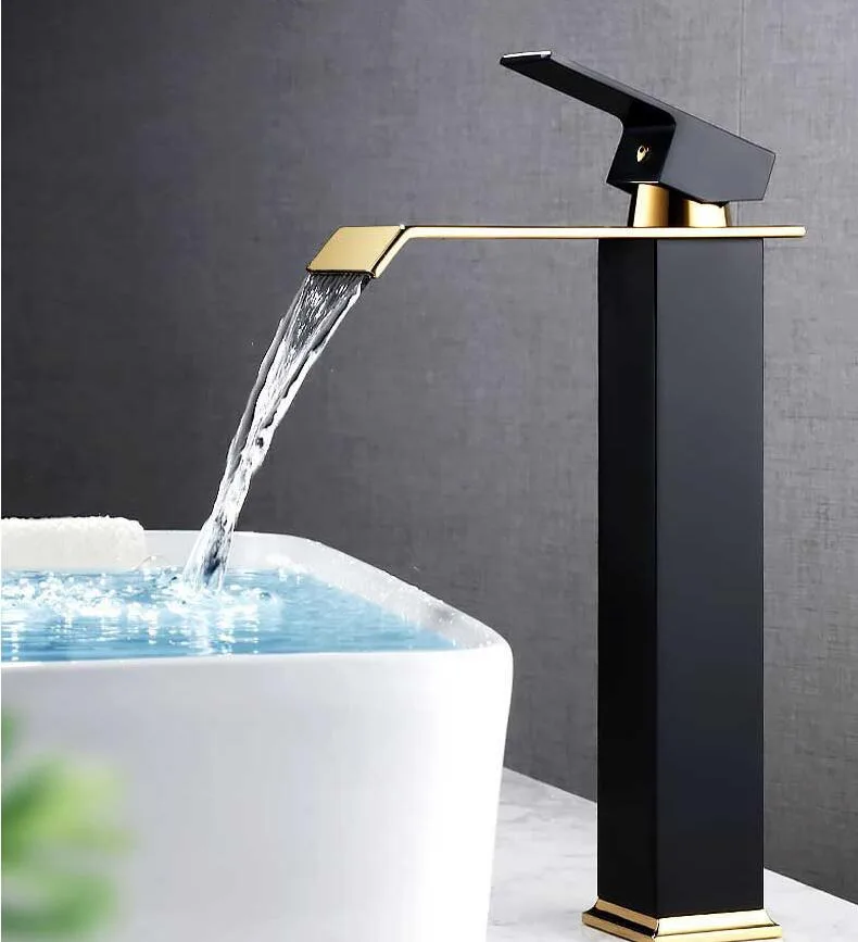 Hdd26768de4194fb8992ee3486faec890t Basin Faucet Gold and Black Waterfall Faucet Brass Bathroom Faucet Bathroom Basin Faucet Mixer Tap Hot and Cold Sink faucet