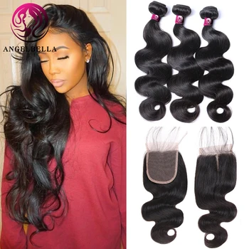 

Angelbella 100% Brazilian Hair Weave With Closure Human Hair Bundles With 4x4'' Lace Closure Remy Human Hair Extension