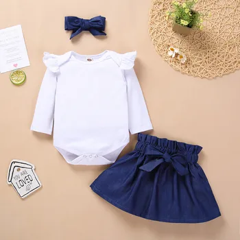 

Newborn Infant Baby Girls Clothes Solid Ruched Romper Long Sleeve Tops+Bowknot Skirt Headband Set Outfits 3-18M