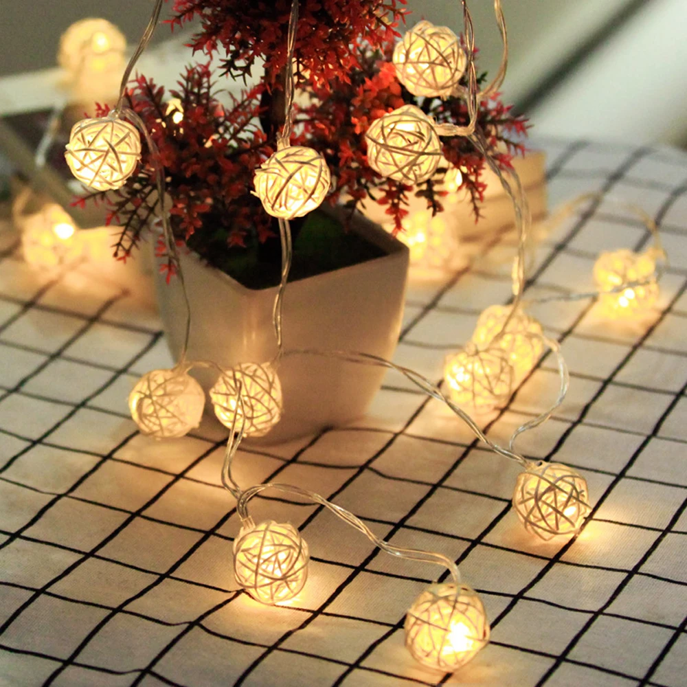 Светодиодный светильник-гирлянда с ротанговыми шариками, гирлянды для праздников, свадеб, вечеринок, светодиодный светильник-гирлянда, Рождественский Сказочный светильник для улицы, 1,2 м/2,5 м/3 м/5 м