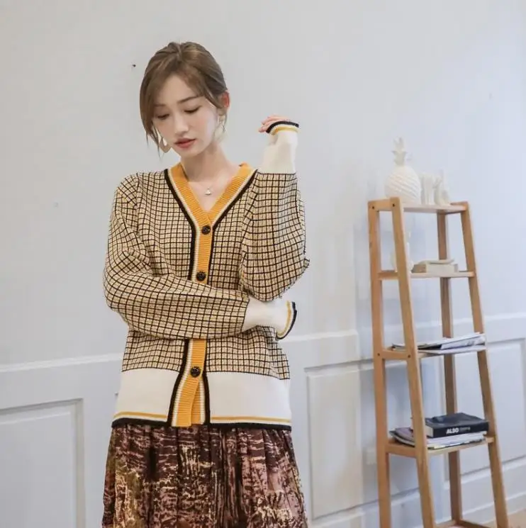 

pull women turtleneck knitted sweater Knit Cardigan Female Korean version of lazy slim short plaid sweater coat
