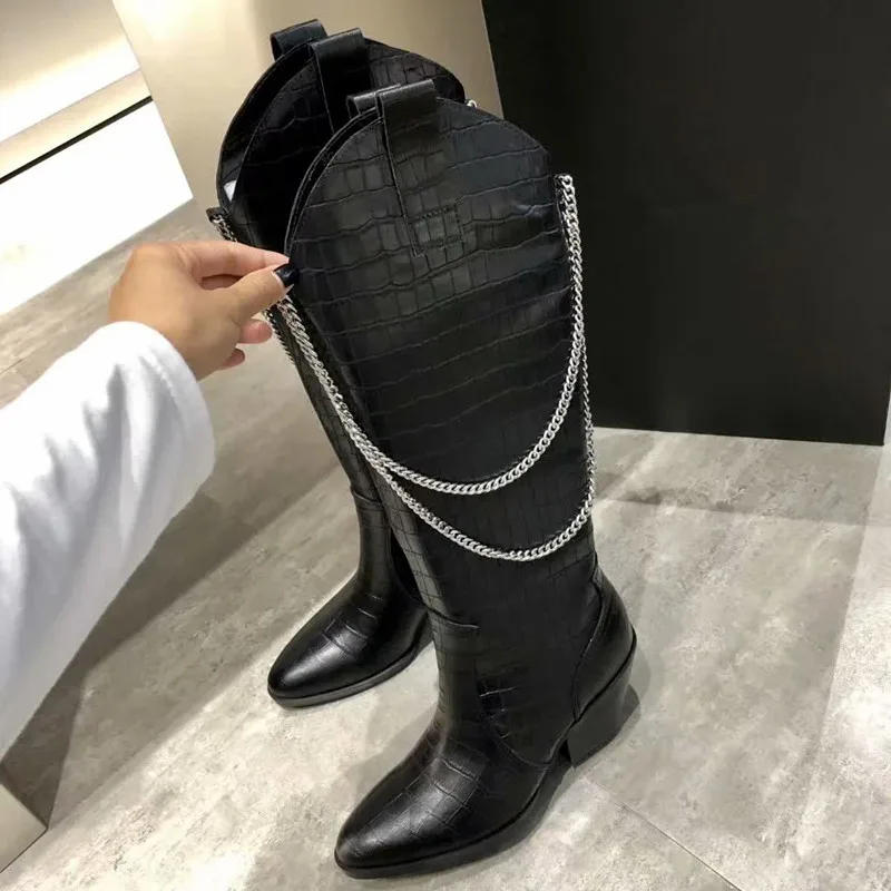 Сапоги до колена; женская обувь с цепочкой; Botas Mujer; модные женские сапоги; chaussures femme; зимние женские сапоги с острым носком на молнии; Botas