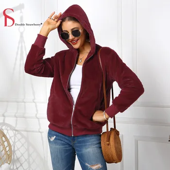 

Double Strawberry winter Zip Cardigan Hooded Casual Fashion Jacket women streetwear hooded thick wram Faux Fur coat plus size