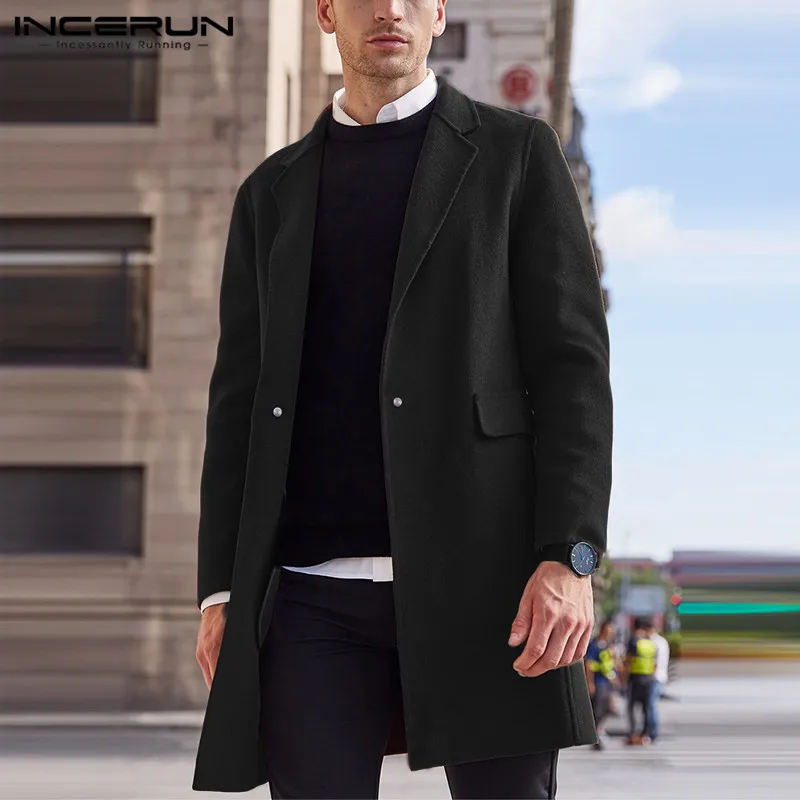 INCERUN 2020 Winter Men Coats Streetwear Solid Faux Wool Blends Overcoats Long Sleeve Fashion Jackets Chic Lapel Men Trench 5XL INCERUN 2020 Winter Men Coats Streetwear Solid Faux Wool Blends Overcoats Long Sleeve Fashion Jackets Chic Lapel Men Trench 5XL