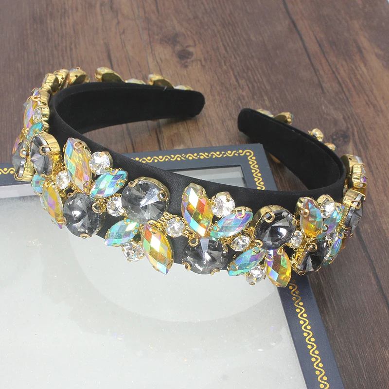 gray headband Роскошные европейские винтажные аксессуары для волос зеленый желтый кристалл барокко лента для волос Элегантные Стразы головная повязка со стразами для женщин - Окраска металла: gray headband