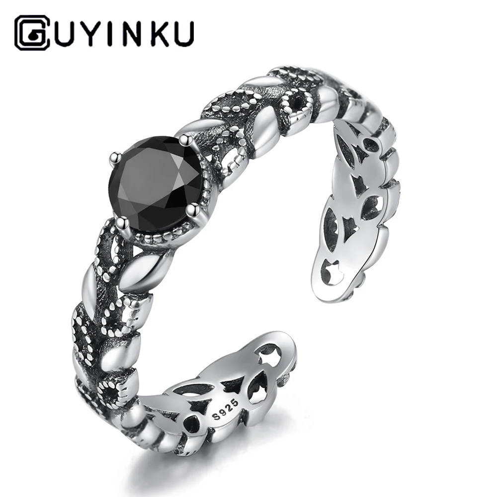 

Creative 100% S925 Sterling Silver Ring Obsidian Simple Style Retro Leaf Ring Vintage Gemstone Finger Ring Jewelry Accessories