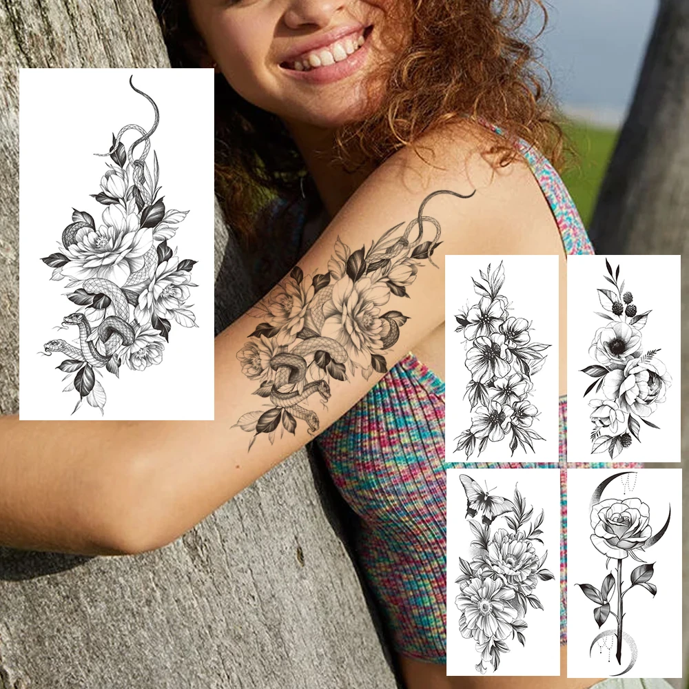 Snake Flower Temporary Tattoo For Women Butterfly Fake Tattoos Sticker Sexy  Black Rose Disposable Camellia Tatoo Sheet Body Hand|Temporary Tattoos| -  AliExpress