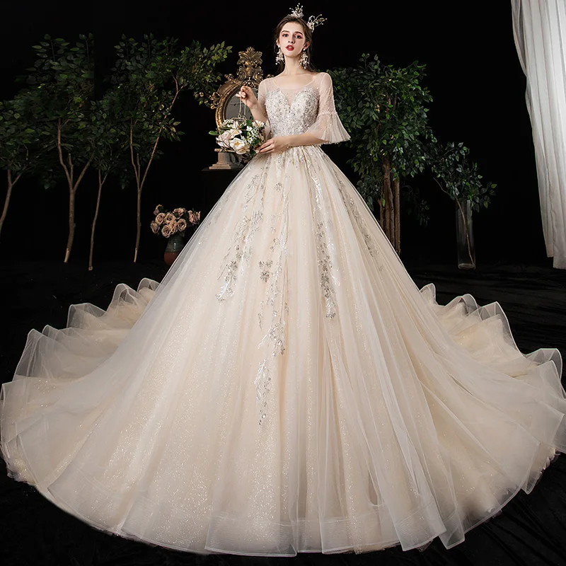 SSYFashion, новинка, роскошное свадебное платье принцессы, свадебное платье, круглый вырез, со шлейфом, половина рукава, блестки, свадебное платье расшитое бусинами, Vestidos De Novia