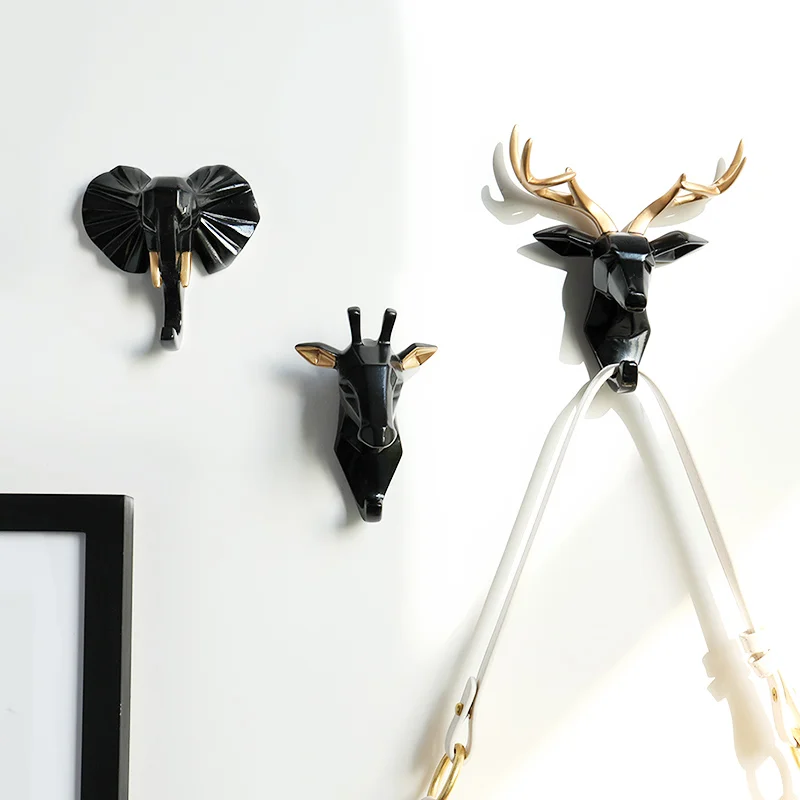 Resin Animals Head Sticker Hook Wall decorative clothes Hanger for Door Kitchen Bag Handbag Coat Hooks Key Holder Wall Decor