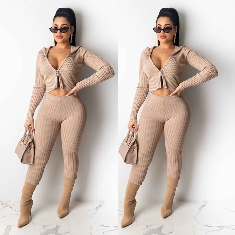 HAOYUAN Sexy Knitted Two Piece Set Tracksuit Women Fall Winter Clothing Crop Top and Pants Matching Suit 2 Piece Club Outfits