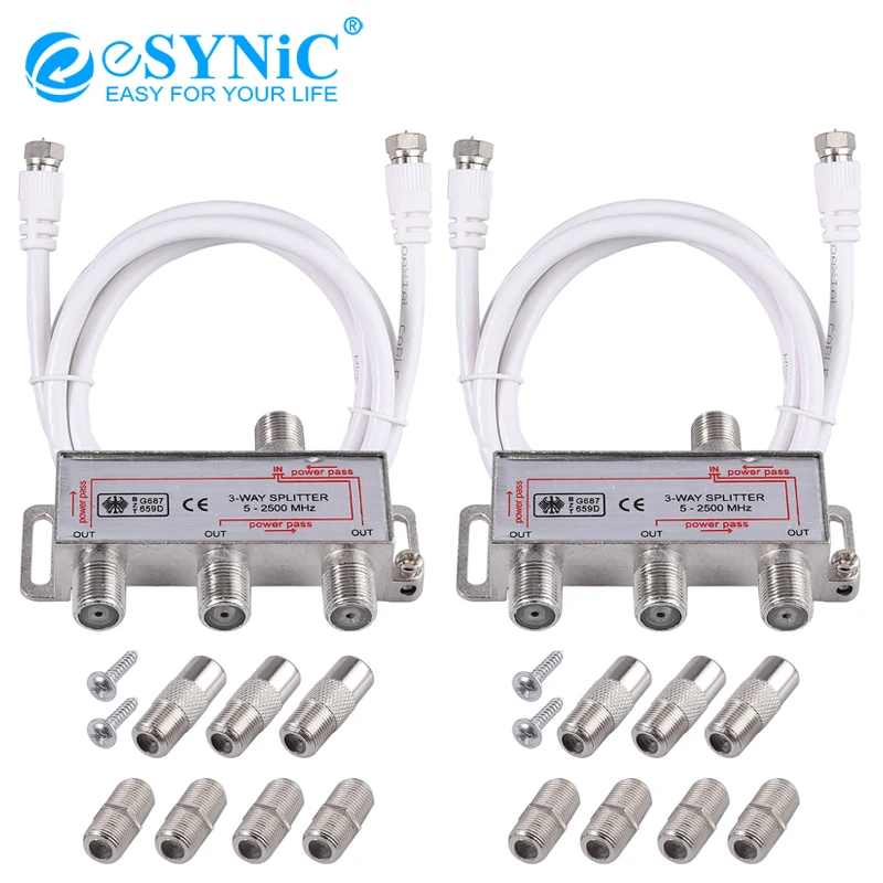 

eSYNiC 2 Pcs 3 Way TV CATV Broadband Splitter Coax Cable Splitter Bi-Directional MoCA 5-2500MHz Connector Satellite Receiver