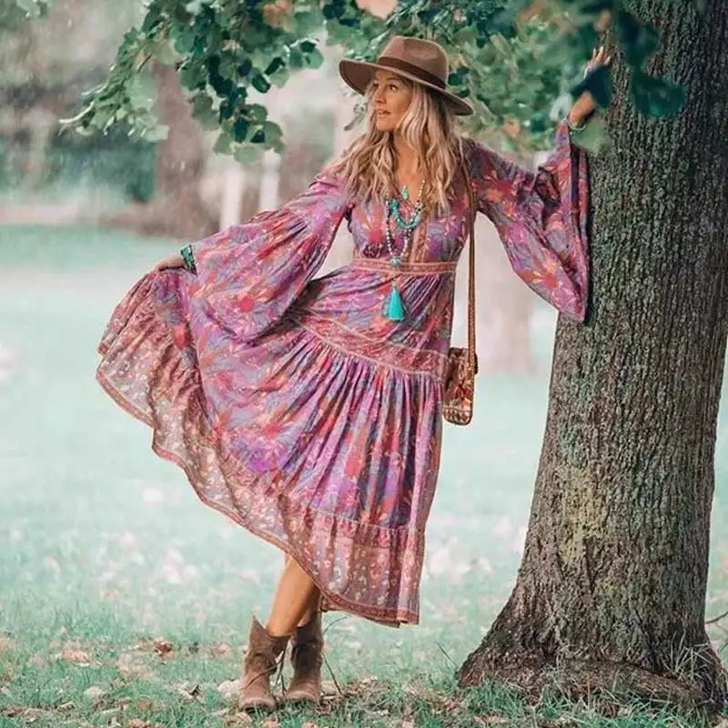 BOHO INSPIRED purple floral dress women V-neck long sleeve dress maxi chic gypsy boho dress summer dress new vestidos