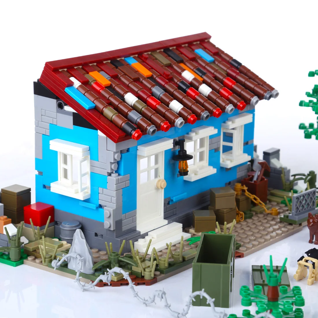 Tile-roofed House Small Particle DIY Assembling Building Blocks Humanoid WeaponToy for Children Tropical Rain Forest Battlefield