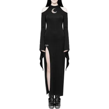 

Gothic Dark Black Hollow Long Dress Women Autumn Bell Sleeve Slim Night Party Dress Punk Rock Motprcycle Streetwear Plus Size 3X