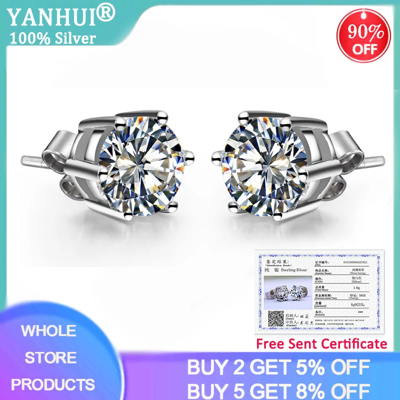 

YANHUI With Certificate Female Simple Original 925 Solid Silver Earrings 1 Carat Zirconia Diamond Stud Earrings For Women E003