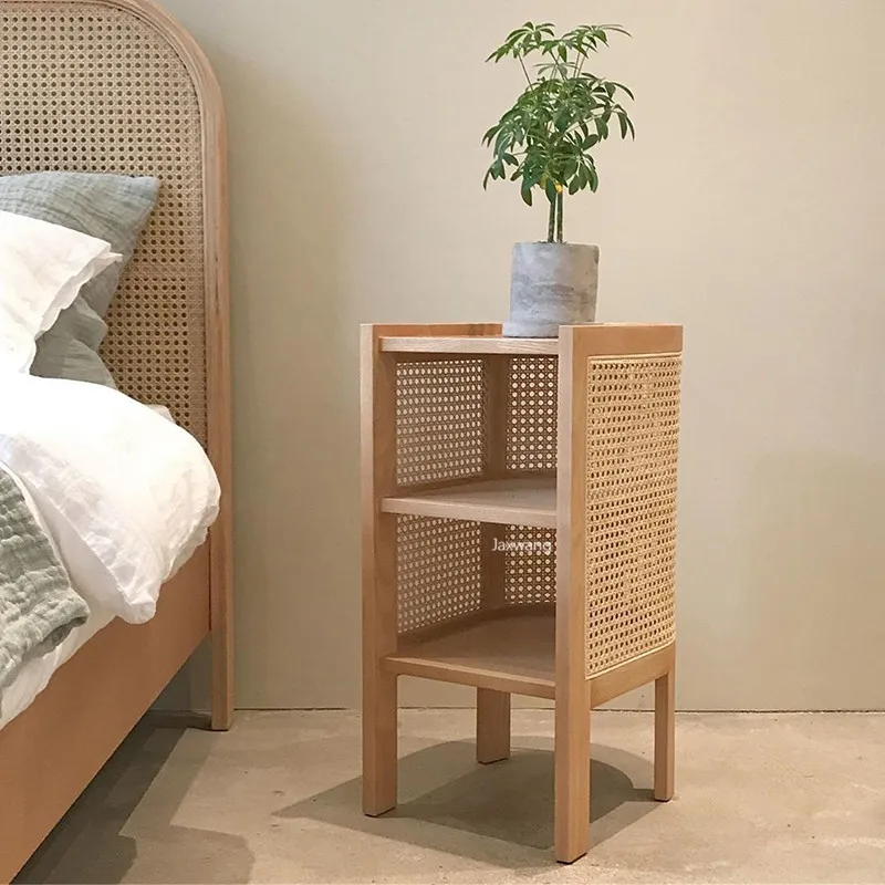 Solid Wood Nightstand Rattan Bedside Table Retro Korean Side