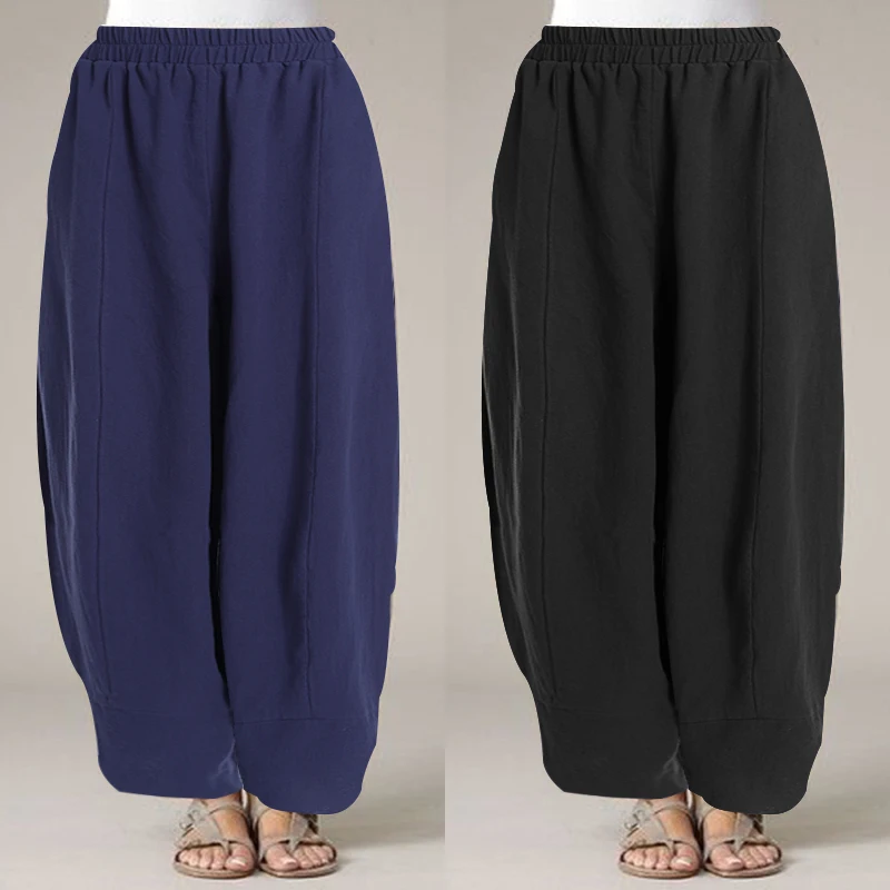 Женские шаровары размера плюс ZANZEA Pantalones Mujer повседневные длинные штаны с эластичной резинкой на талии свободные штаны с карманами уличная одежда 7