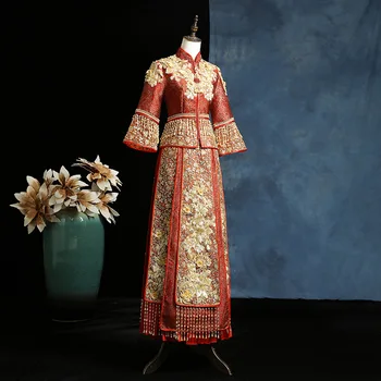

Red Embroidery Cheongsam Vintage Chinese Style Wedding Dress Lady Phoenix Gown Marriage Qipao red Clothes Size S M L XL XXL
