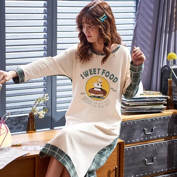 

Plue Size Cotton Nightdress Female Cartoon Letter Long-sleeved Winter Nightgown Women Causal Loose Sleepwear Home Dress