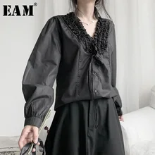 [EAM] Женская Черная кружевная блузка с разрезом, новая свободная рубашка с v-образным вырезом и длинным рукавом, модная весенняя Осенняя 19A-a581
