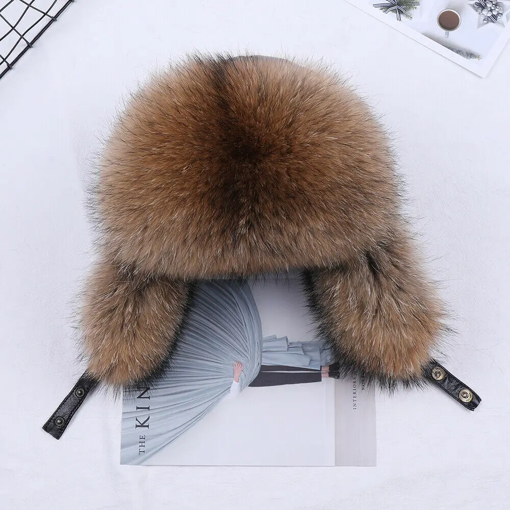Winter Men's Real Silver Fox Fur Bomber Hat Raccoon Fur Ushanka Cap Trapper Russian Man Ski Hats Caps Real Leather winter hat fur hat