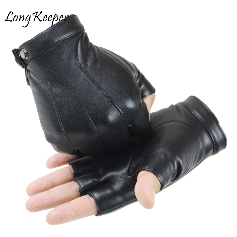 Long Keeper Men Genuine Leather Gloves High Quality Slip-resistant Luvas Half Finger Sheep Leather Fingerless Gloves gants moto mens leather gloves for winter