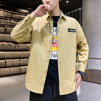 

Brin Wolf Spring 2020 New Men Shirt Long Sleeve Male Shirt 100% Cotton Solid color Fold Mens Shirts Casual Loose Men coat black