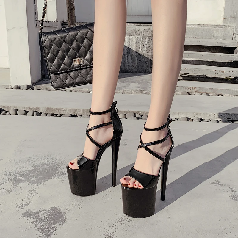 20cm-or-17cm-Ultra-High-Heel-Sandals-Black-Stiletto-Sexy-Cross-T-Belt ...