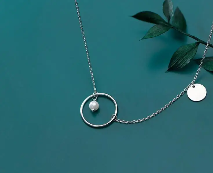 

100% real Sterling Silver 925 Fine Jewelry Shell Pearl into the Open Circle & Round Coin Pendant Geometric Necklace GTLX1972
