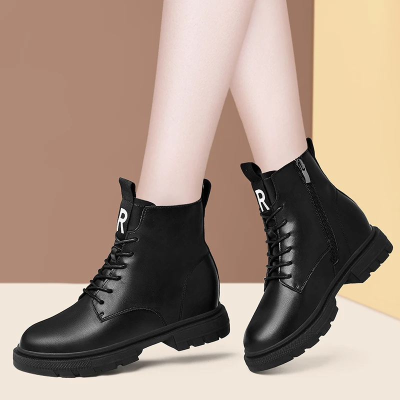 

Winter Women Ankle Boots Black Leather 2023 Fashion Autumn Warm Fur Motorcycle Non-slip Waterproof Female Platform Boots Shoes