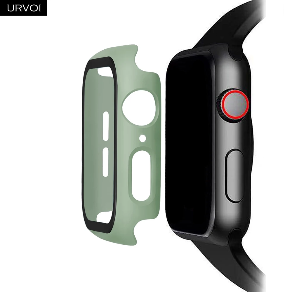 Mint URVOI полное покрытие для Apple Watch series 5 4 3 2 матовый пластиковый бампер жесткий чехол рамка со стеклянной пленкой для iWatch защита экрана - Цвет: Mint