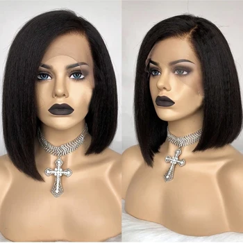 

150% Density Brazilian Bob Wig Left Side Part Beauty Light Yaki Straight Short Lace Front Bob Wig Remy Human Hair Bleacked Konts