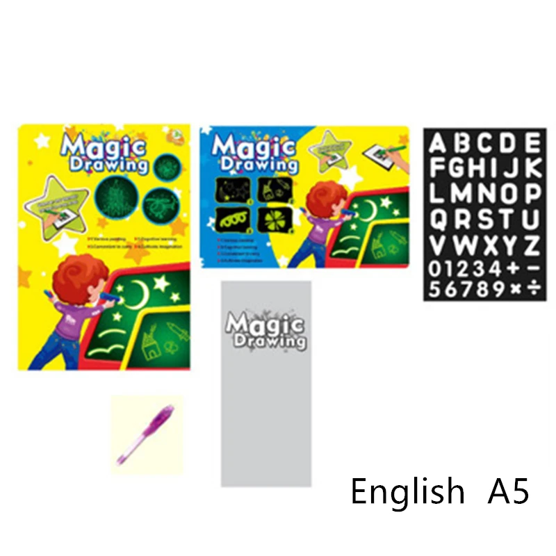 Yellow English A5 A3, A4, A5 светодиодный светильник, доска для рисования граффити, планшет для рисования, волшебная игрушка для рисования, флуоресцентная ручка, Развивающие детские игрушки для мальчиков - Цвет: Yellow English A5