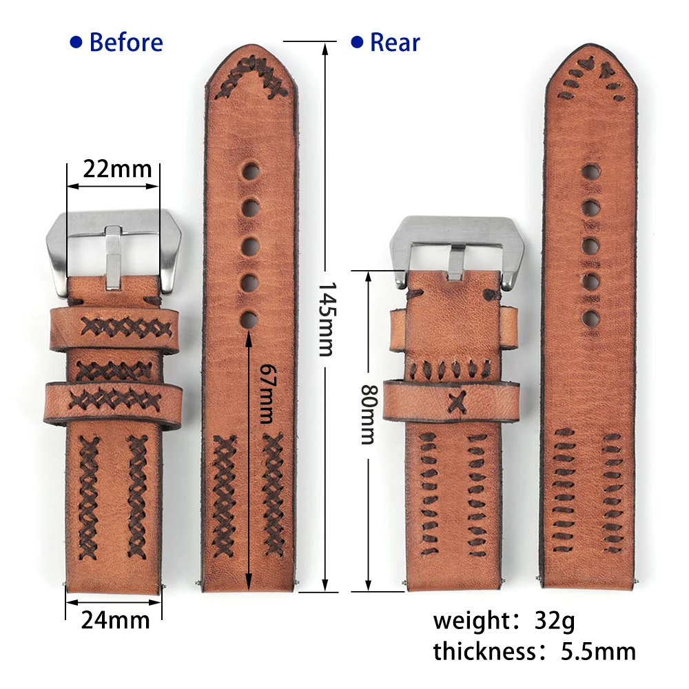 Vintage Handmade Watch Strap 24mm Genuine Leather Watchband Wristband For Men Watch Accessories With Stainless Steel Buckle