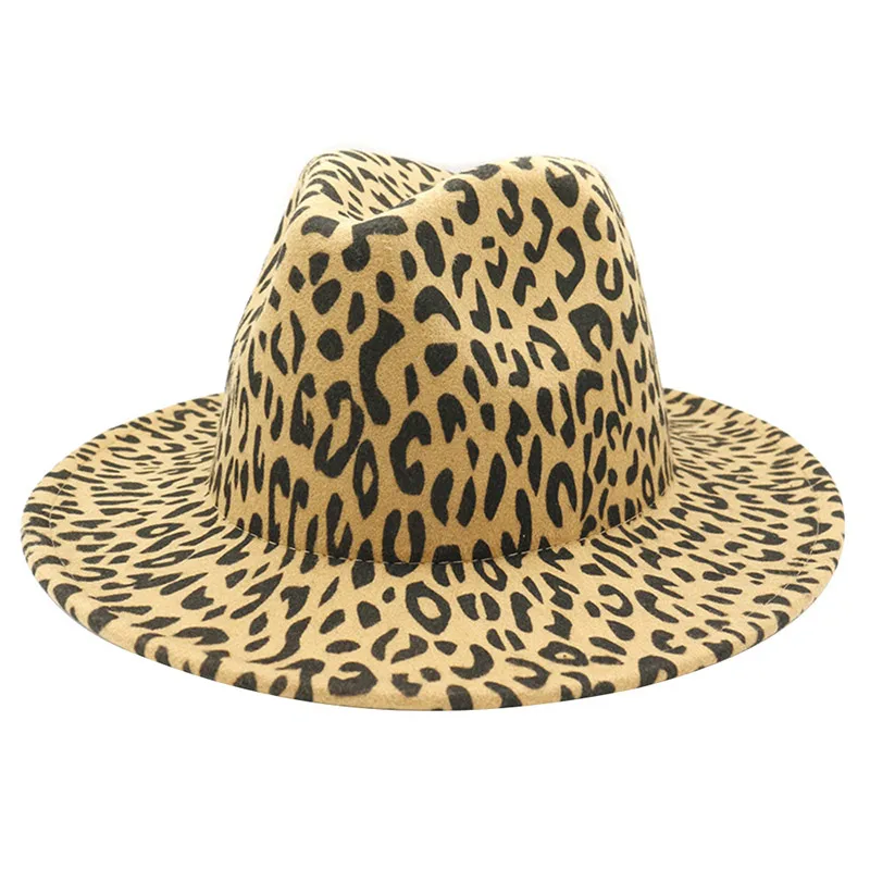 С леопардовым принтом шляпа с широкими полями шерсть войлочная одежда Мужские Женские шапки Trilby Винтаж Chapeau модные теплые солнце шляпы с полями - Цвет: Light yellow