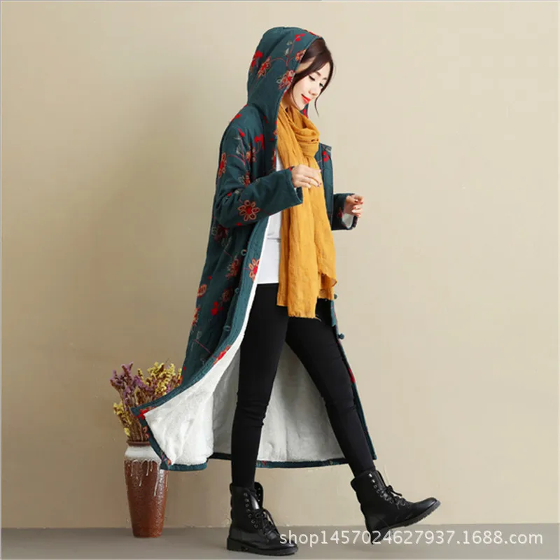 

19 Autumn And Winter New Products Cotton Linen Cotton-padded Jacket Ethnic-Style Women's Hooded Embroidered plus Velvet Cotton C