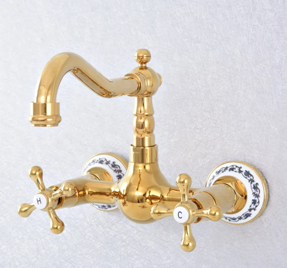 Gold Polished Brass Bathroom Swivel Spout Basin Faucet Wall Mount Sink Mixer Tap
