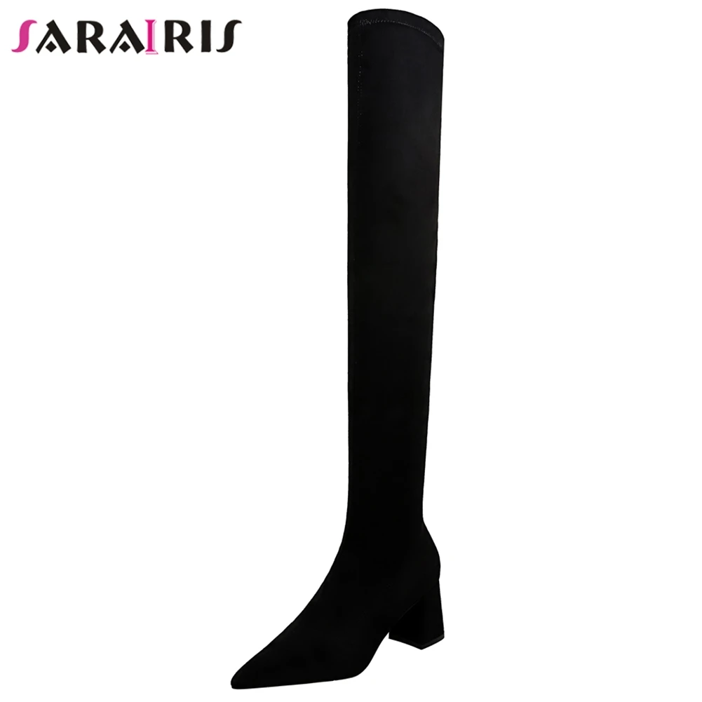 

SARAIRIS Black Tigh High Boots Pointed Toe Faux Suede Streth over-the-knee Boots Women Nightclub Slim Boots Shoes Woman