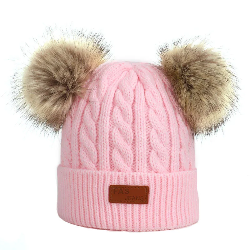 Baby Hat Autumn Winter Warm Kids Beanies Cap Boys Girls Knitted Beanies Pom Poms Warm Hat Winter Children Hat Knitted Cute Cap - Color: Light Pink