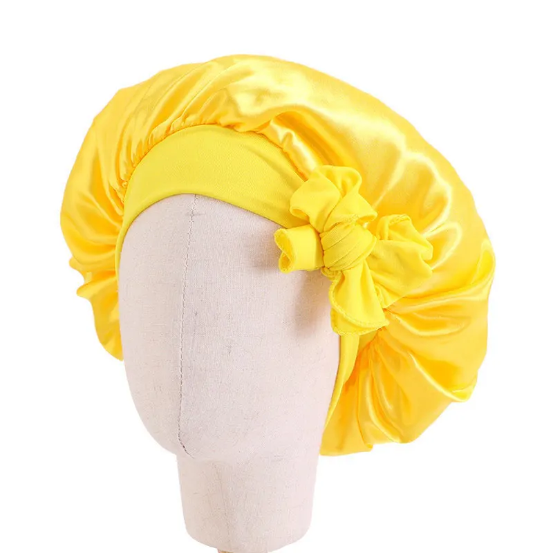Kids Satin Solid Color Sleeping Hat Night Sleep Baotou Cap Cute Bow Elastic Hair Care Bonnet Nightcap Bonnet Turban Headwear