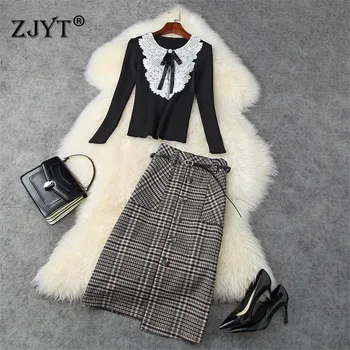 

Runway Designer 2Piece Set Women 2020 Fashion Autumn Winter Outfit Embroidery Sweater and Plaid Skirt Suit Lady Casual Twinset