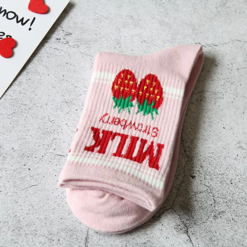 Pile Heap Milk Women Pink Socks Cotton Cartoon Fruit Print Cute Socks Meias Korean Harajuku Style with Cow Strawberry Banana 39 - Цвет: B