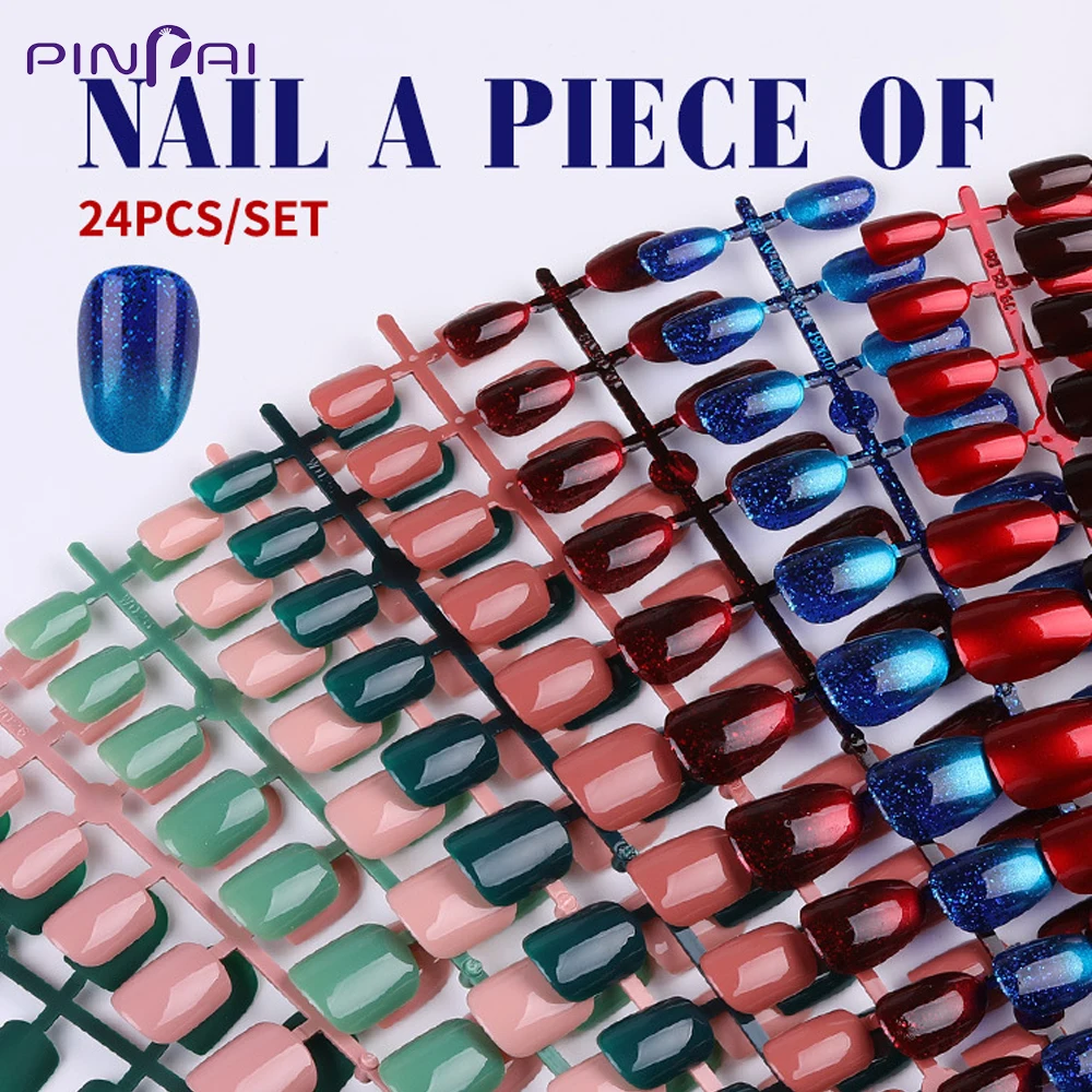 

24 Pcs/Set Reusable Shiny False Nail Full Cover Press On Nail Art Fake Extension Decoration Artificial Fake Nail Tips